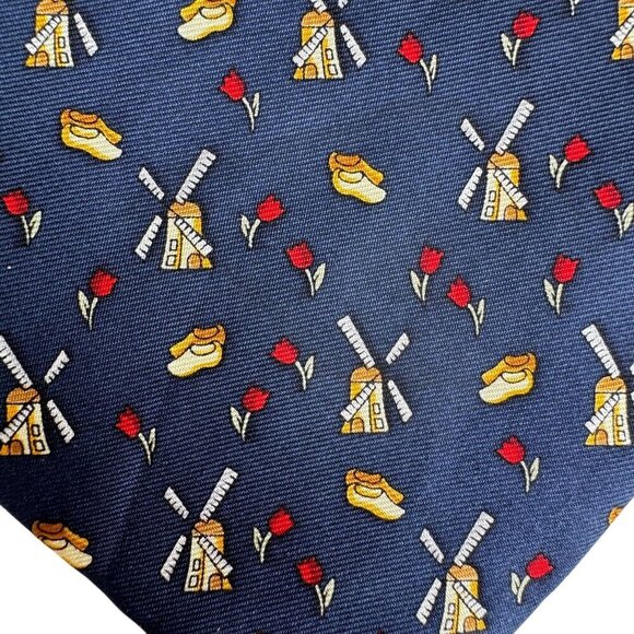 Kist Design Holland Mens Blue Silk Tie Windmill Tulip Wooden Clogs Motif Necktie - Picture 5 of 5
